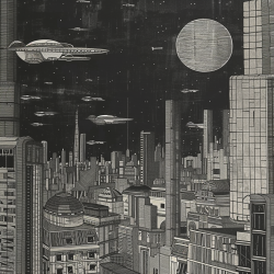 Midjourney Prompt for Vintage Sci-Fi Woodcut Print