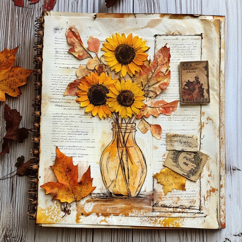 Midjourney Prompt for Autumn Junk Journals Pressed Flowers