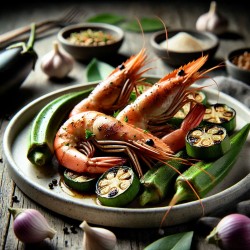 Grilled Prawns with Okra and Eggplant